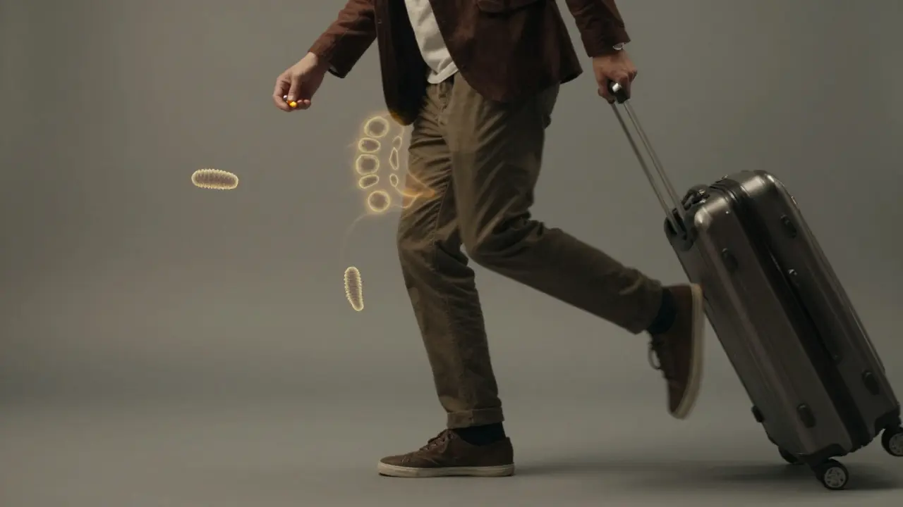 Cestující s probiotikem, symbolizující pravidelnou podporu střevního zdraví během změn.