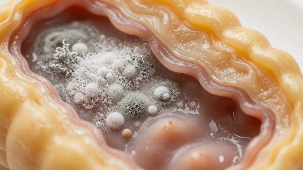 Cukerný dezert s kvasinkou Candida albicans a poškozenou střevní stěnou.