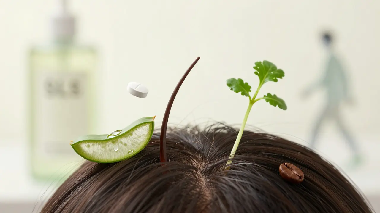 Kůže hlavy s nově rostoucími vlasy obklopena přírodními složkami jako aloe vera a řeřicha.