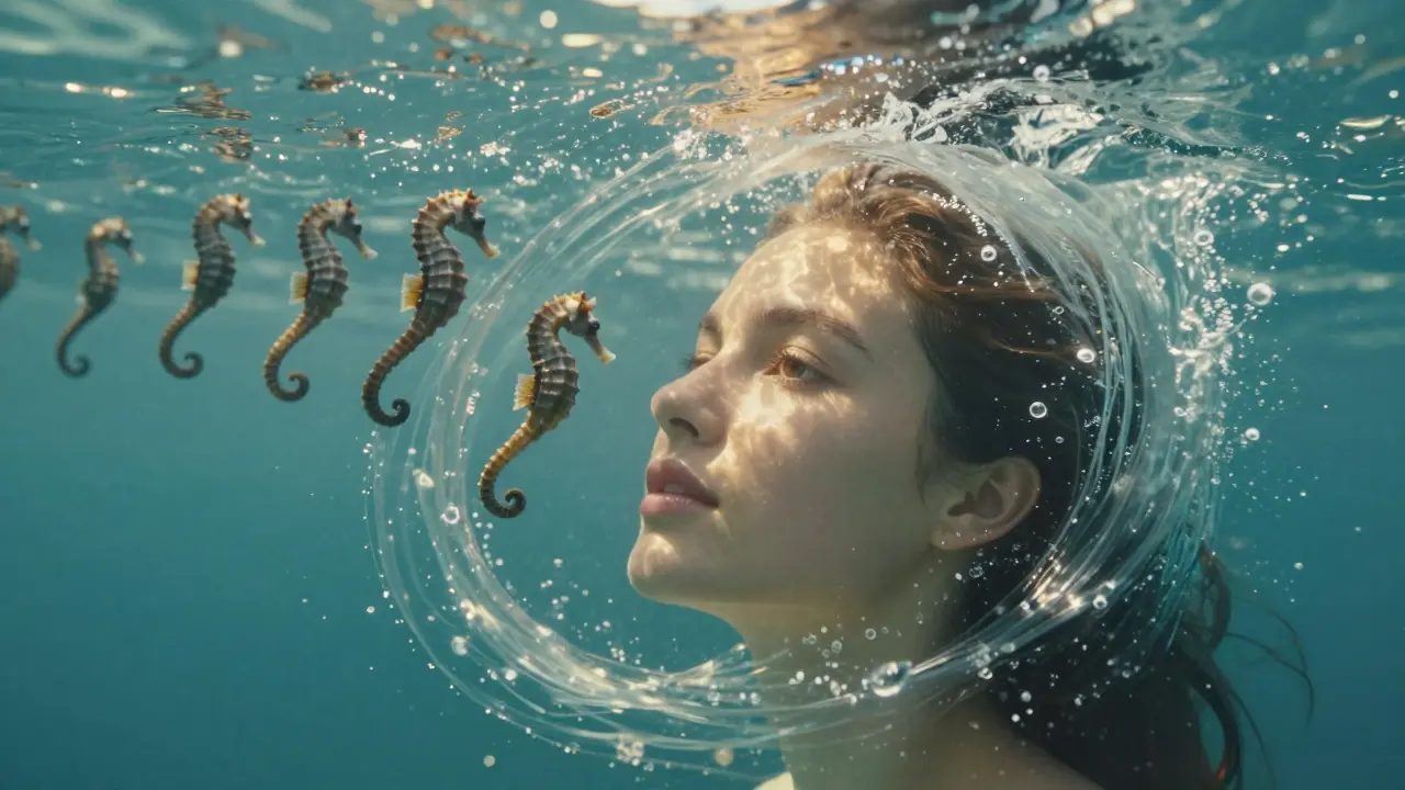 Lidská tvář s mladou kůží vystupuje z vlny tvořené mořskými koníky, symbolizující přírodní regeneraci.