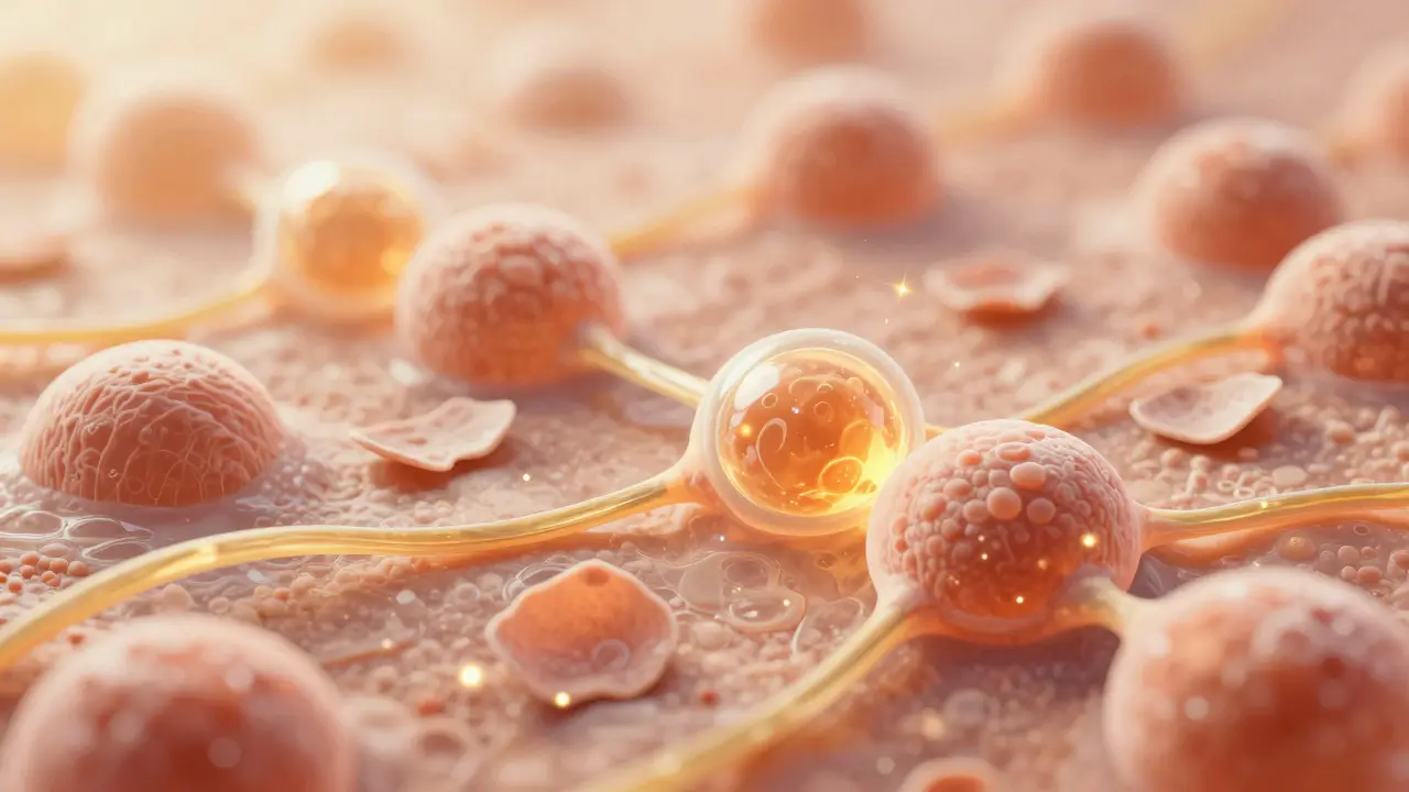 Mikroskopický pohled na obnovu kůžních buněk a tvorbu kolagenu.