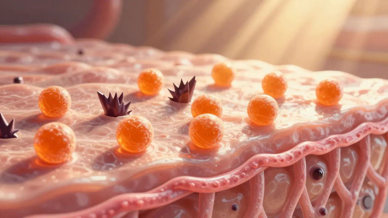 Mikroskopický pohled na vitamín C neutralizující volné radikály a podporující kolagen v kůži.