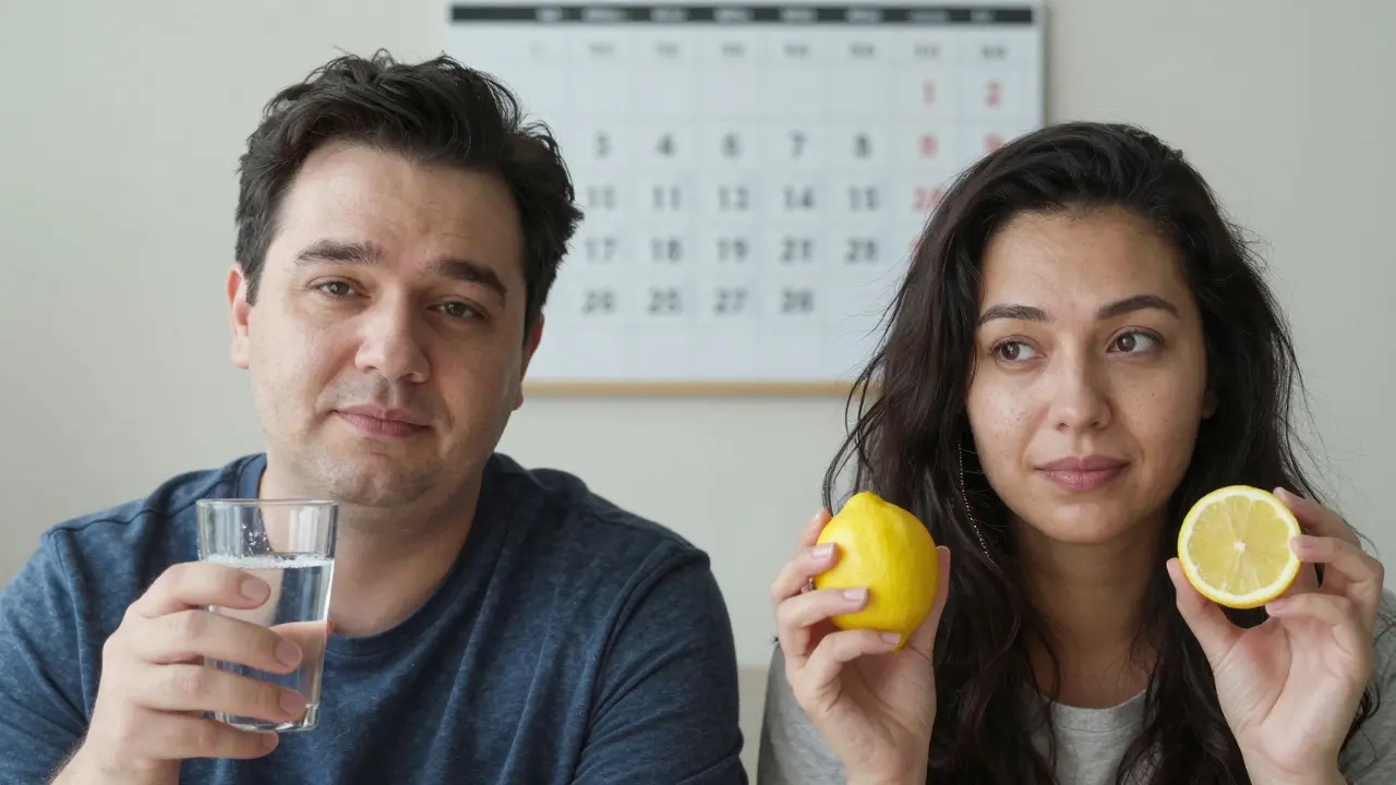 Muž a žena s vylepšenými vlasy drží kolagen a citrón, symbolizujíce synergii pro zdravější vlasy.