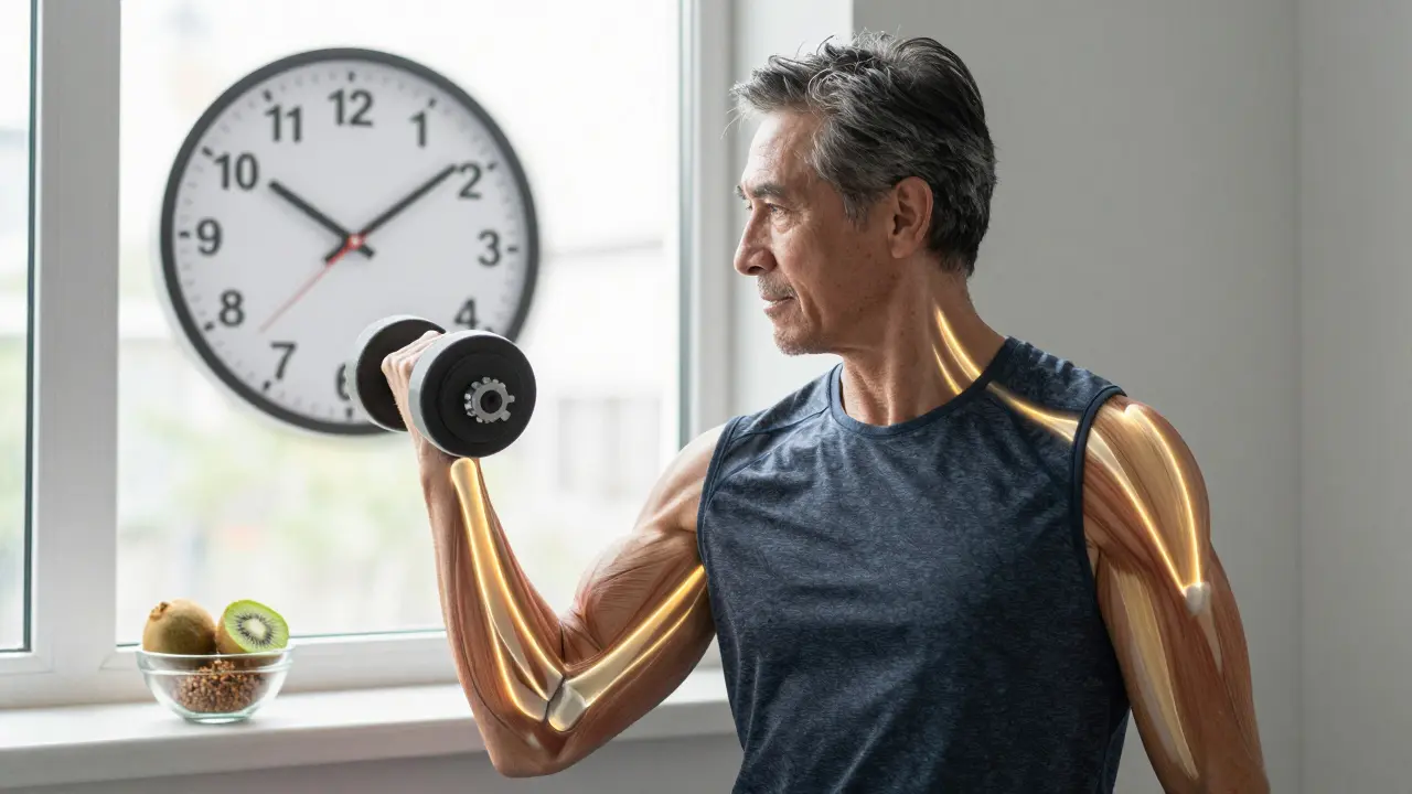 Muž po tréninku s viditelnými kolagenovými vlákny a ovoce bohatým na vitamín C