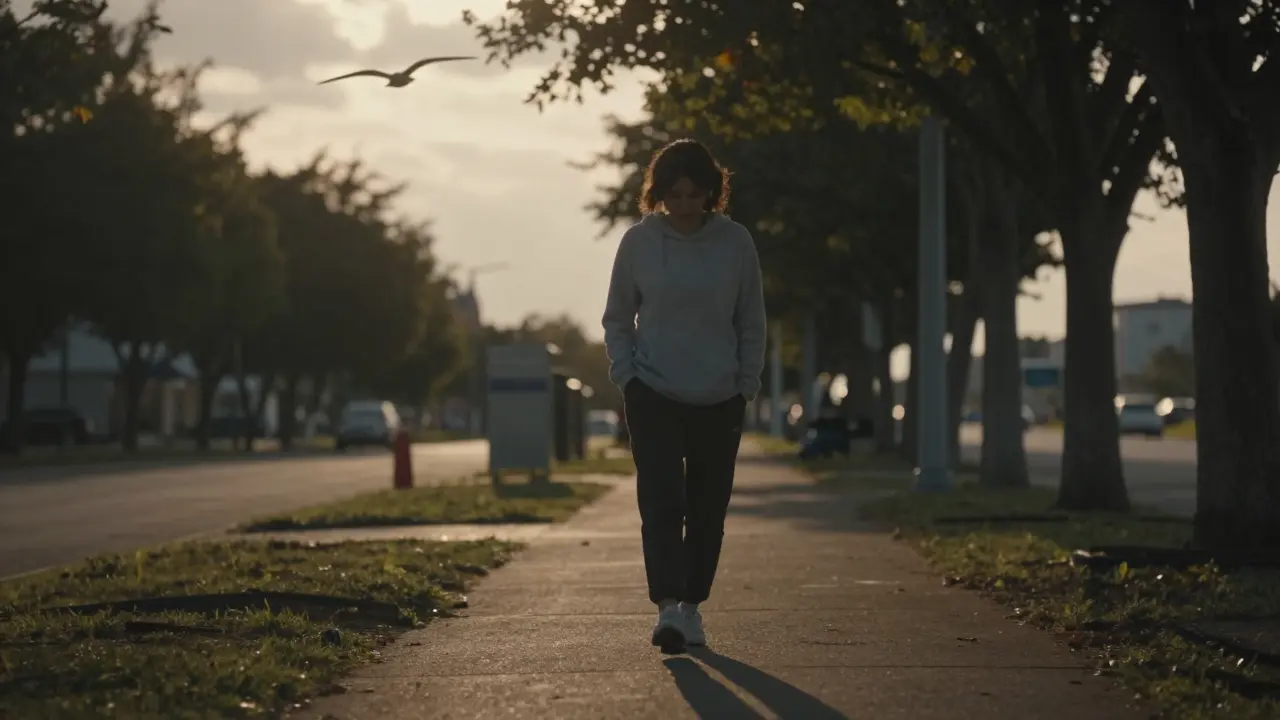 Osoba procházející se večer pod stromy, když slunce proráží mraky, symbolizující klid a obnovu.