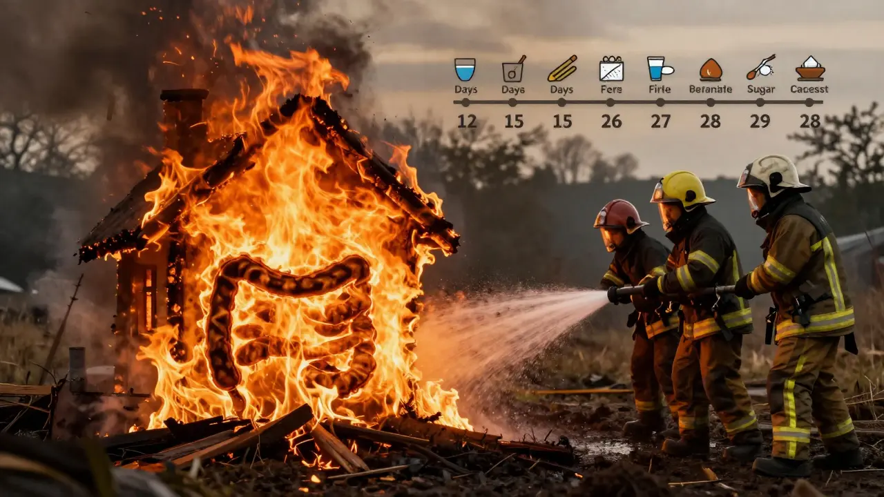 Příběh požáru a obnovy: probiotika zastavují škodlivé účinky antibiotik a pomáhají střevu se uzdravit.