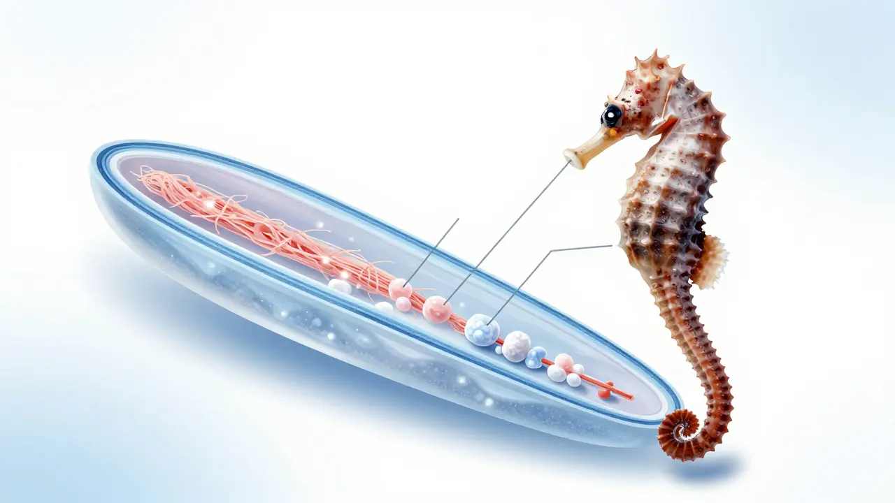 Průřez tělem mořského koníka ukazuje, jak jsou kolagenové vlákna zpracovávány do mikročástic.