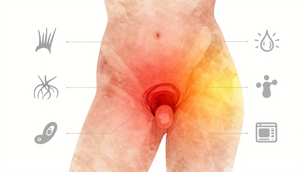 Schematický nákres lidského těla s barevným přehledem citlivosti oblastí při brazilce.