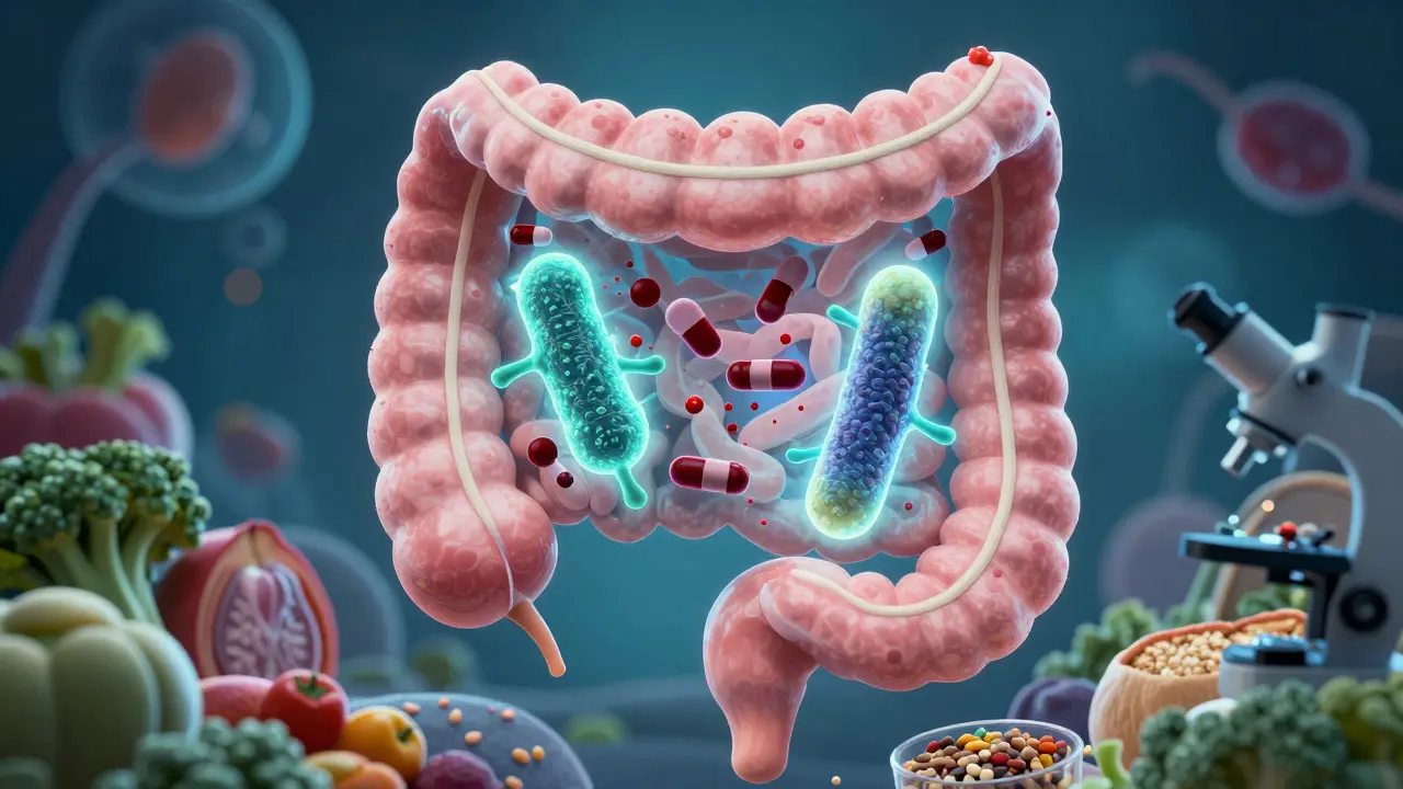 Střevo jako ekosystém, kde antibiotika ničí bakterie, ale probiotika obnovují zdravou mikroflóru.