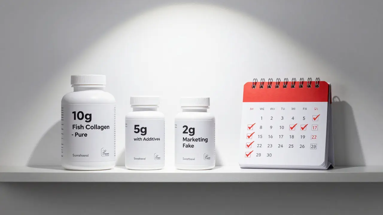 Tři láhve doplňků s kolagenem, označené podle čistoty a dávky.