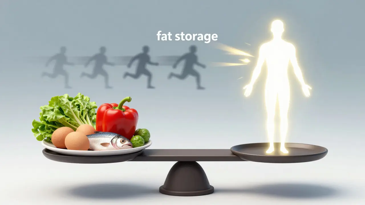 Váha s výživnými potravinami na jedné straně a energicky zářící osobou na druhé.