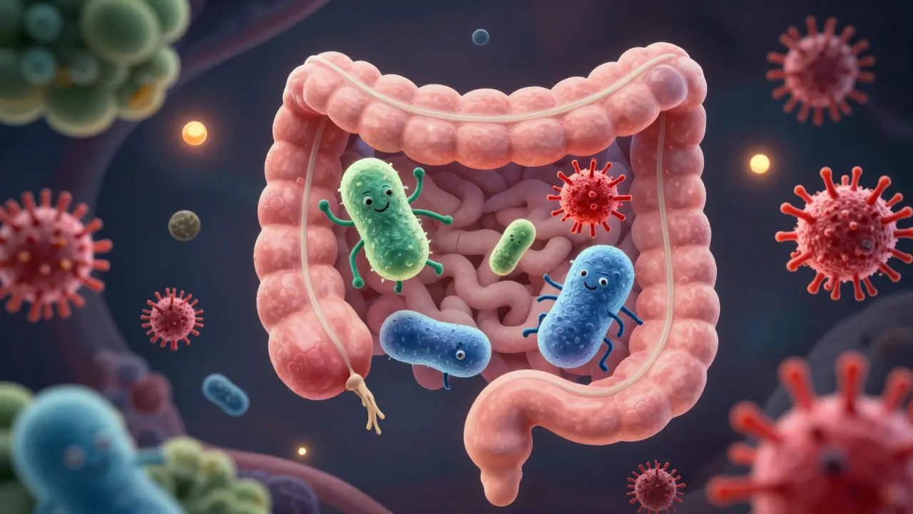 Vizualizace střevní mikroflóry s přátelskými bakteriemi ochraňujícími před škodlivými organismy.