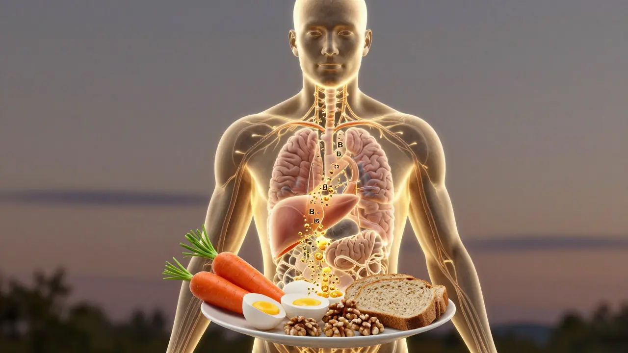 Vnitřní anatomie lidského těla obnovovaná živinami z potravin jako vajíčka, ořechy a zelenina.