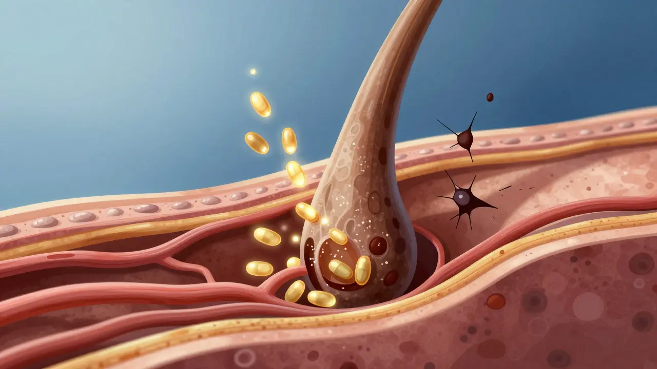 Vnitřní struktura vlasového folikulu s kolagenovými vlákny a živinami proudícími do kořínku.
