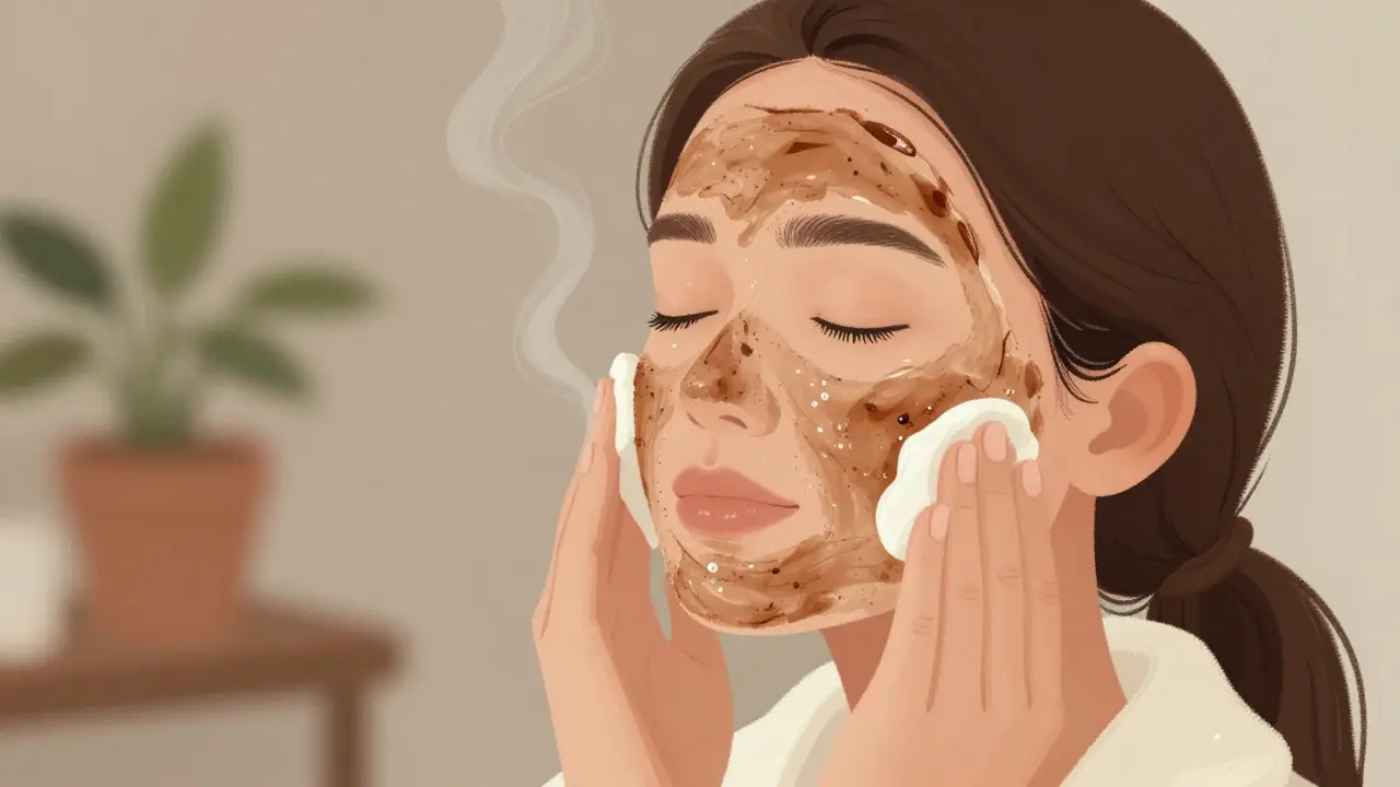 Žena aplikuje kávový obličejový peeling jemnými kruhovými pohyby.