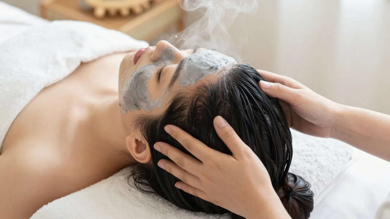 Žena masíruje hlavu pod teplou vodou, vlasům kolem se vznáší detoxikační maska z černého uhlí.