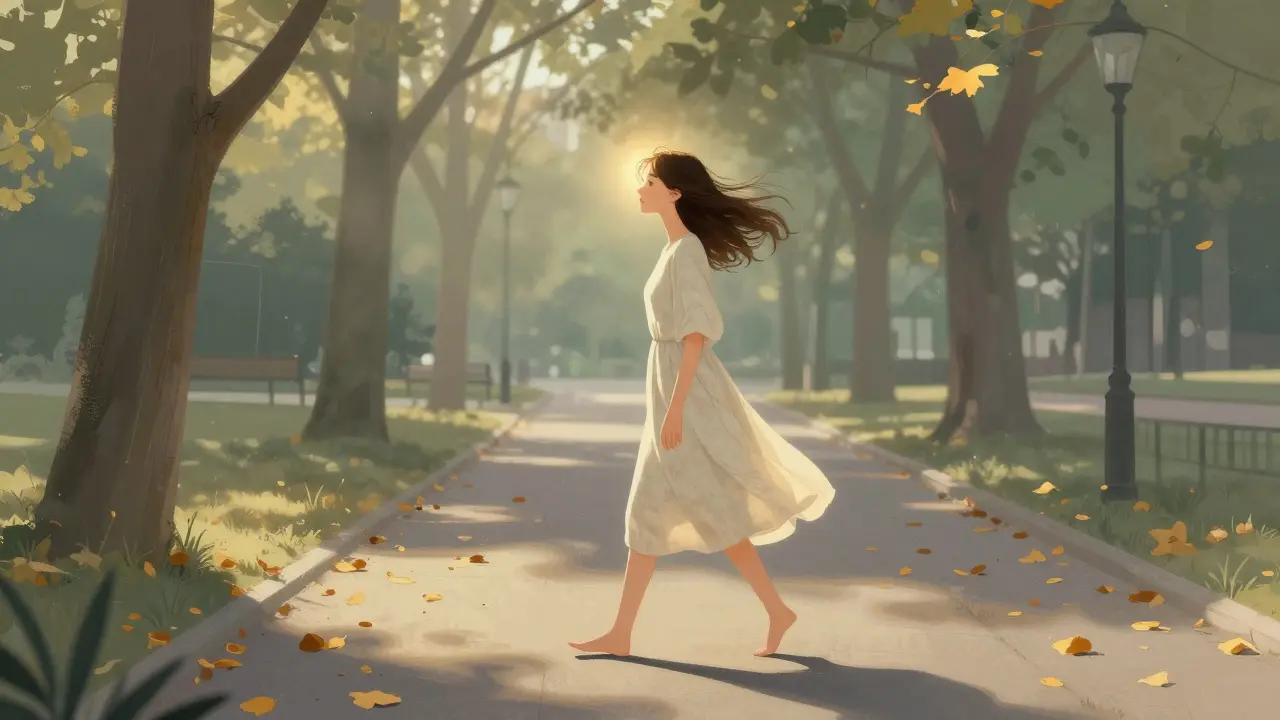 Žena prochází v parku na ranním světle, vítr jemně pohybuje jejími vlasy.