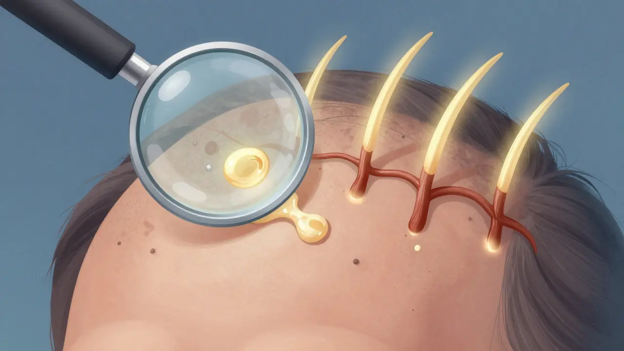 Zvětšený pohled na vlasovou pokožku s blokovanými póry a přírodními oleji, zdravé folikuly září v pozadí.