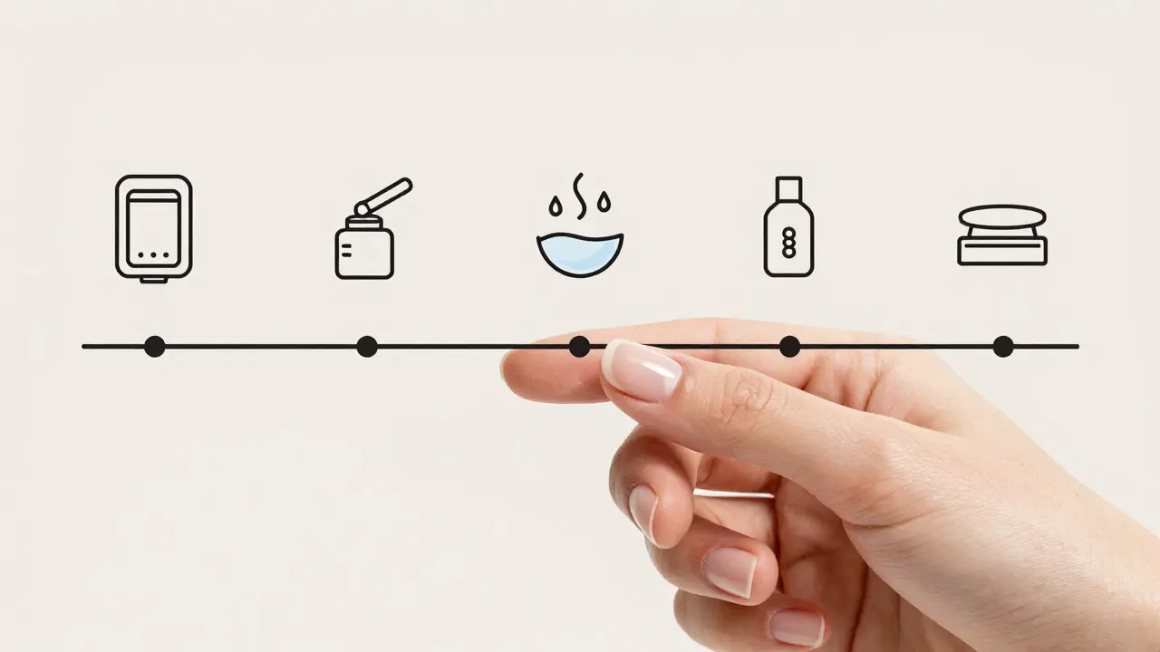 Časová osa nehtu ukazující faktory ovlivňující trvanlivost gelového laku.