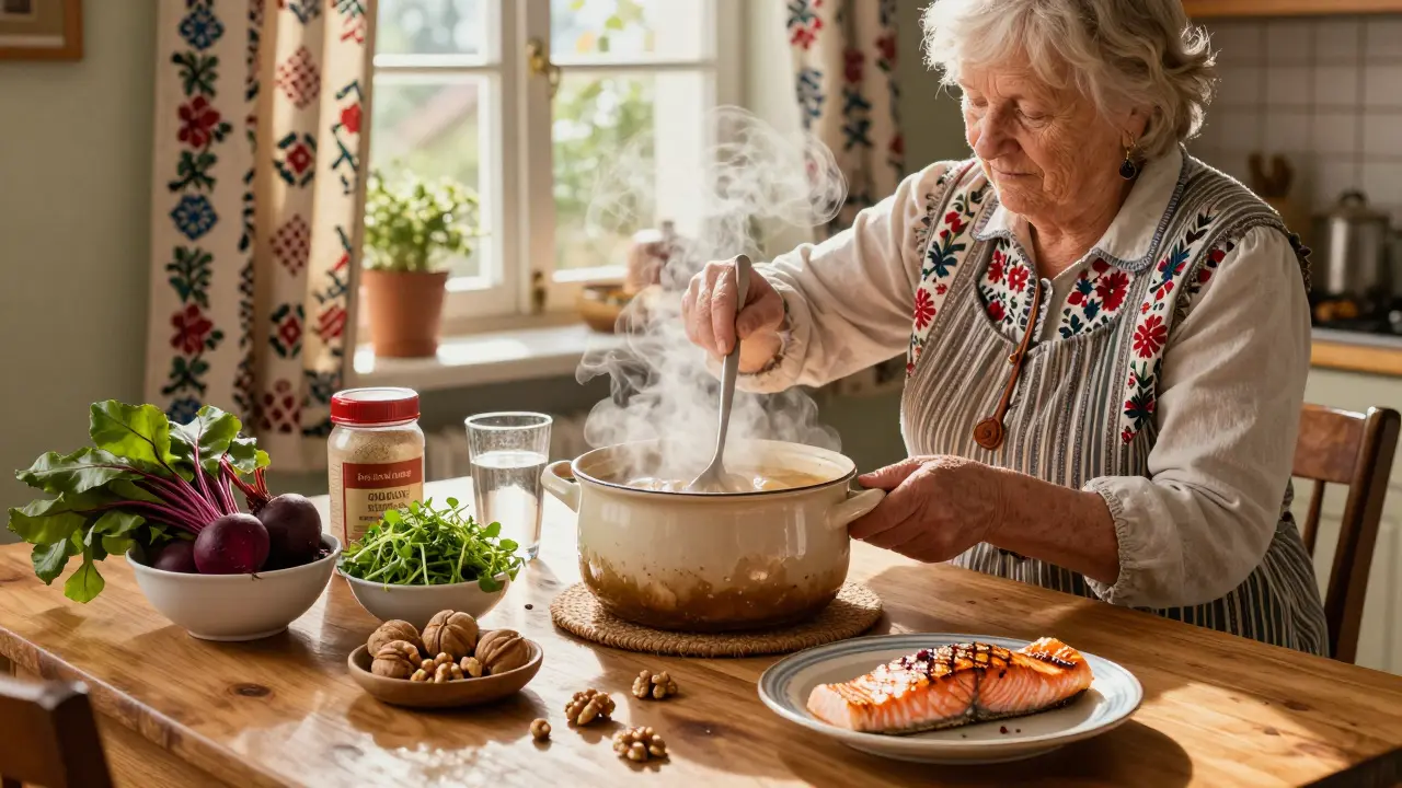 Česká kuchyně s vařením vývaru z kostí, řepou, řeřiškou a lososem na stole.