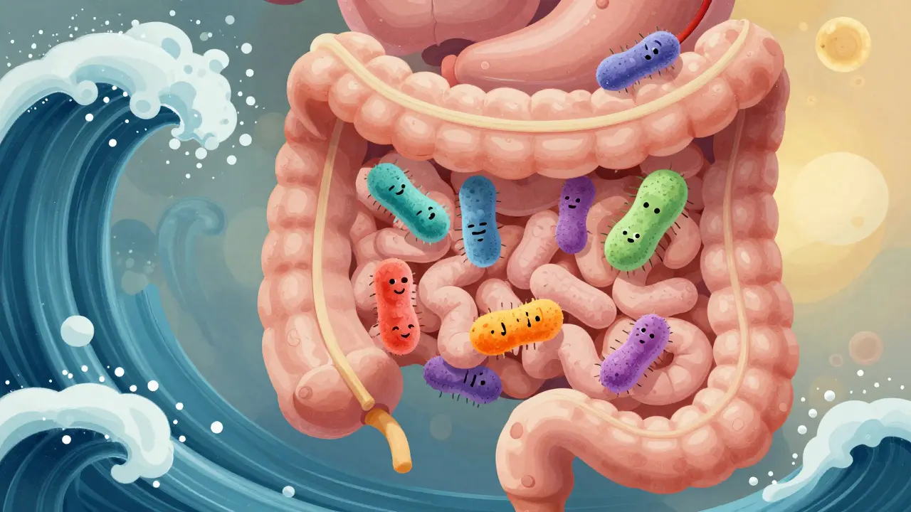 Cesta laktobacilů skrz trávicí trakt, kde bakterie přežívají žaludeční kyselinu a osídlovají střeva.