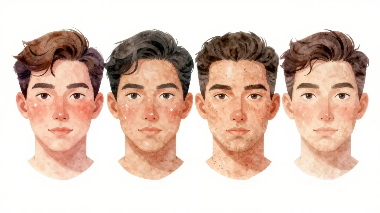 Čtyři typy pleti — normální, citlivá, olejovitá a suchá — znázorněny stylizovanými mužskými obličejemi s charakteristickými vlastnostmi.