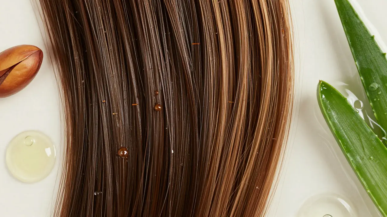 Detail vlasů s přírodními složkami jako arganový olej a aloe vera.