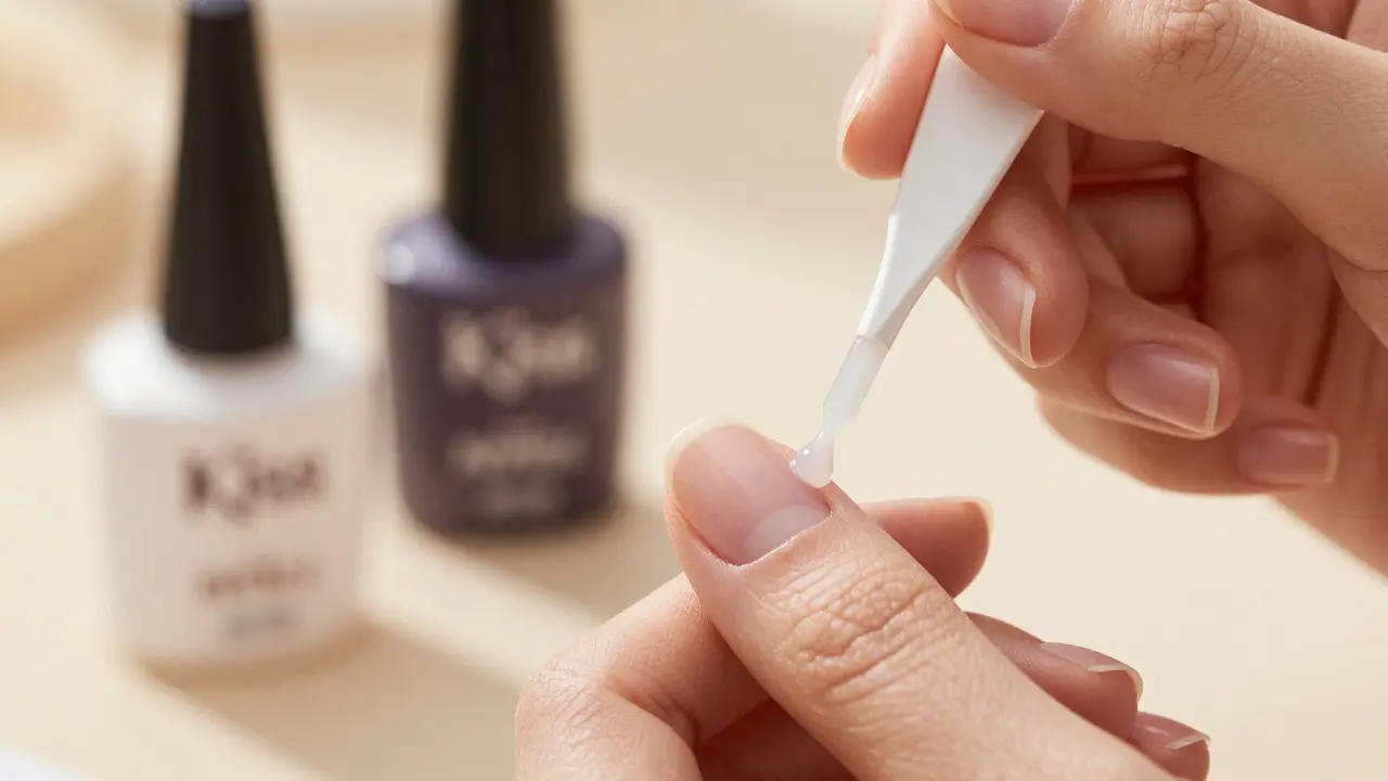 Detailní záběr přilepení umělého nehtu pomocí plastové špachtle s viditelnou lepidlovou kapkou.