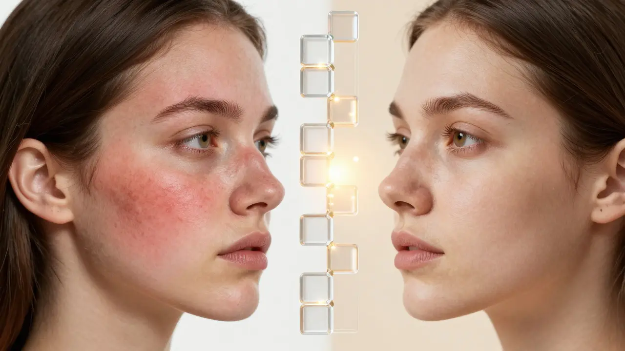 Dvě strany obličeje: jedna podrážděná, druhá zdravá, s obnovou bariéry mezi nimi.