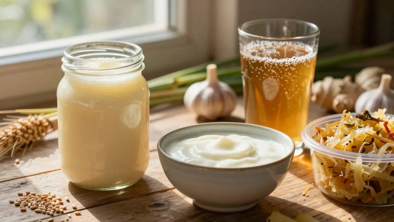 Fermentované potraviny jako kefír, jogurt a zelí na dřevěném stole