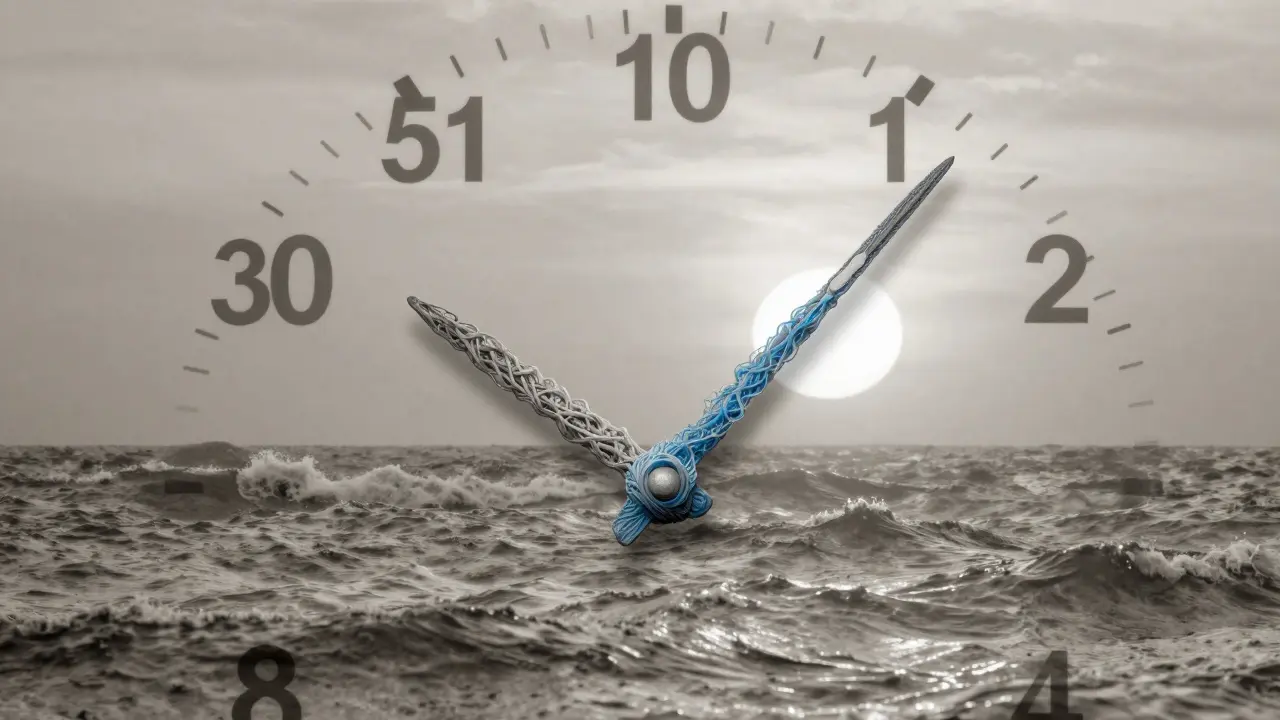 Hodiny s ručičkami z kolagenu, které ukazují věk 30 a 50, s vlnami oceánu a sluncem na pozadí.