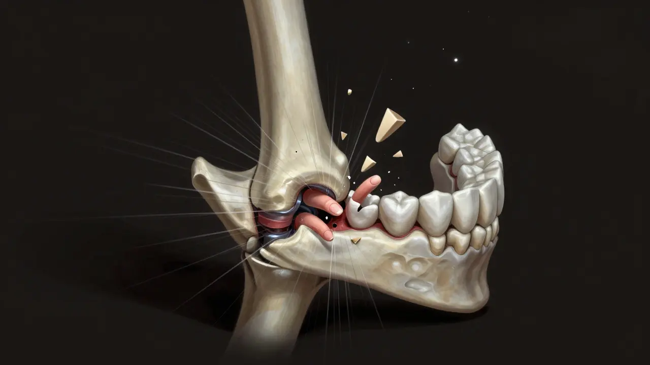 Koncepční znázornění poškození temporomandibulárního kloubu kvůli koušení nehtů.