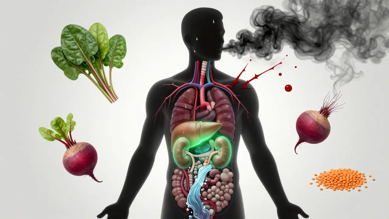 Kontur lidského těla s čistícími orgány a přirozenými potravinami kolem.