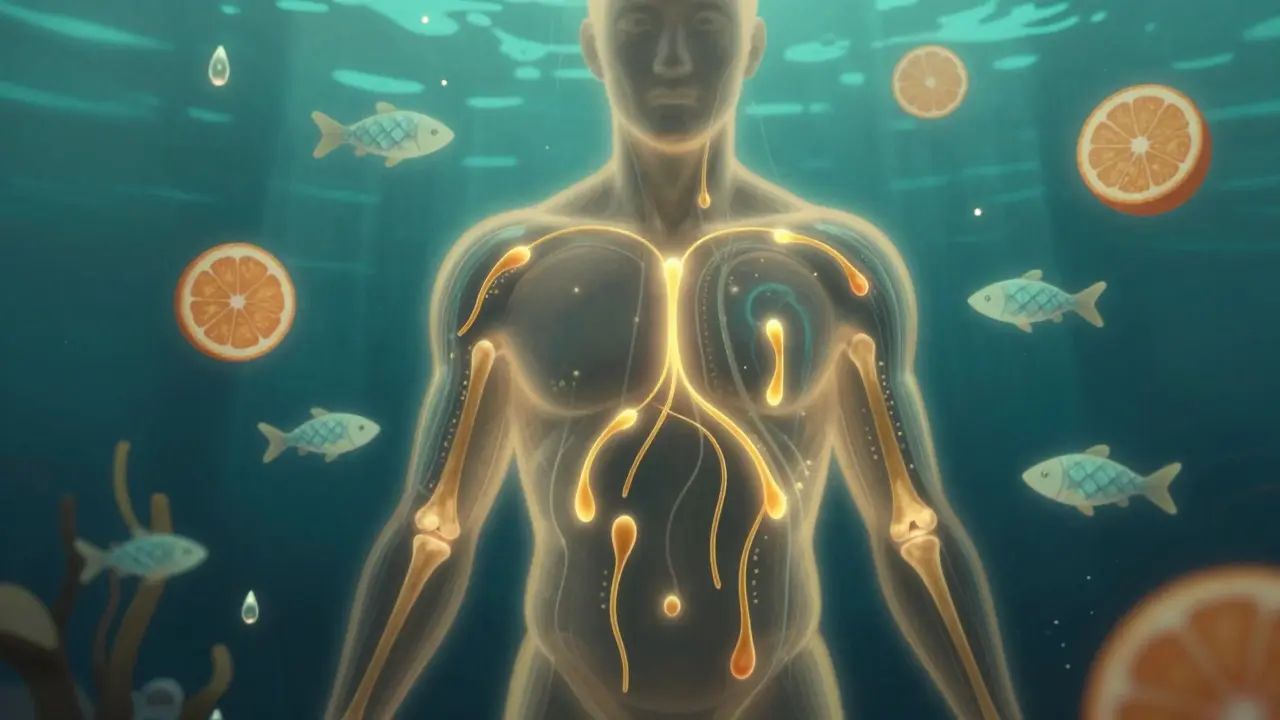 Kresba lidského těla s cestami kolagenu, které se šíří do kůže, kloubů a vlasů, s rybími šupinami a vitamínem C.