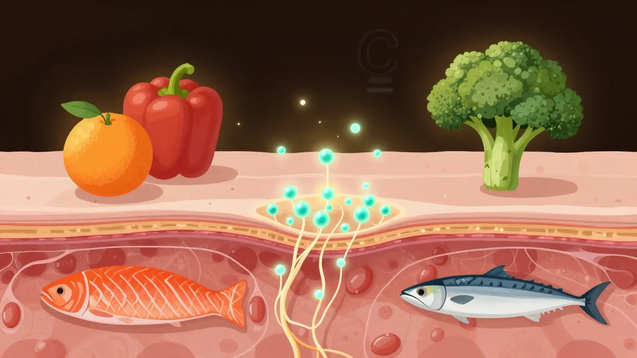 Křížový řez kůže s kolagenovými peptidey stimulujícími fibroblasty a potravinami bohatými na vitamín C.
