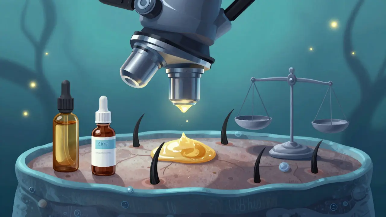 Mikroskopický pohled na kůži hlavy s přebytkem tuku a léčivými látkami, které obnovují rovnováhu.