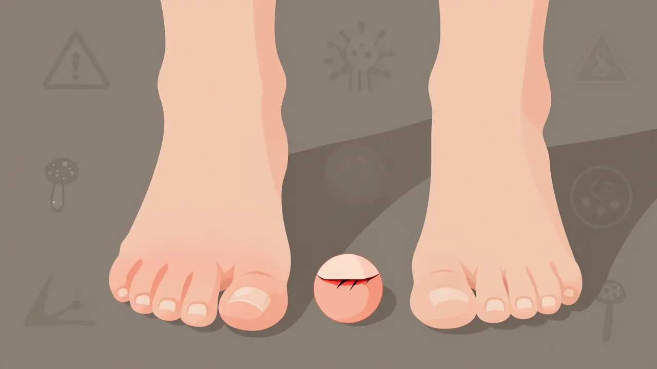 Nehy na noze s různými stádii růstu: příliš dlouhý, příliš krátký a správně zkrácený.