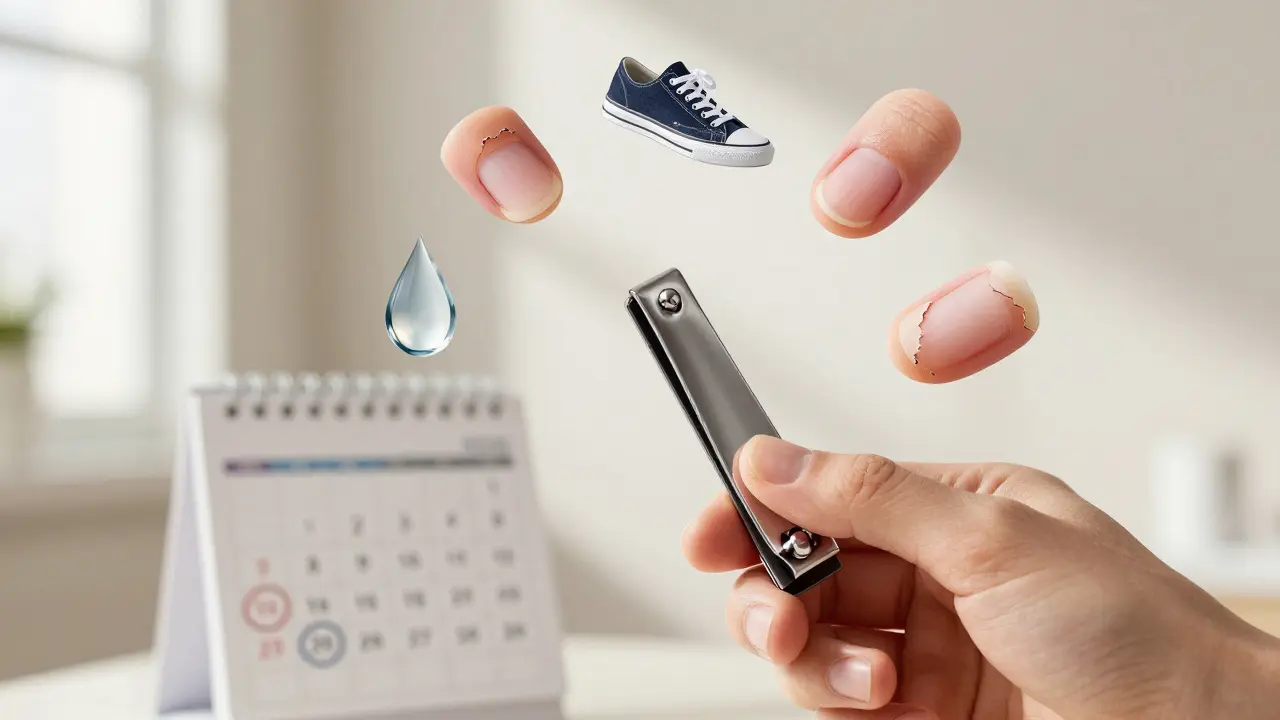 Nůžky na nehty a kalendář s označenými dny pro pravidelnou údržbu nohou.