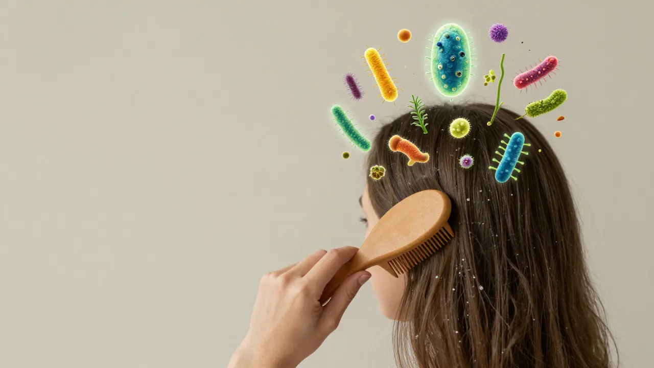 Osoba češe vlasy dřevěnou češkou, kolem hlavy se vynořuje zdravý mikrobiom kůže.