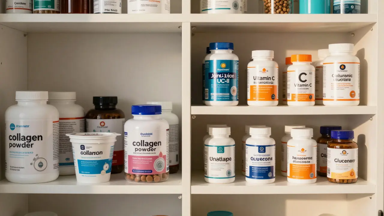 Porovnání efektivních a neefektivních doplňků kolagenu na polici.