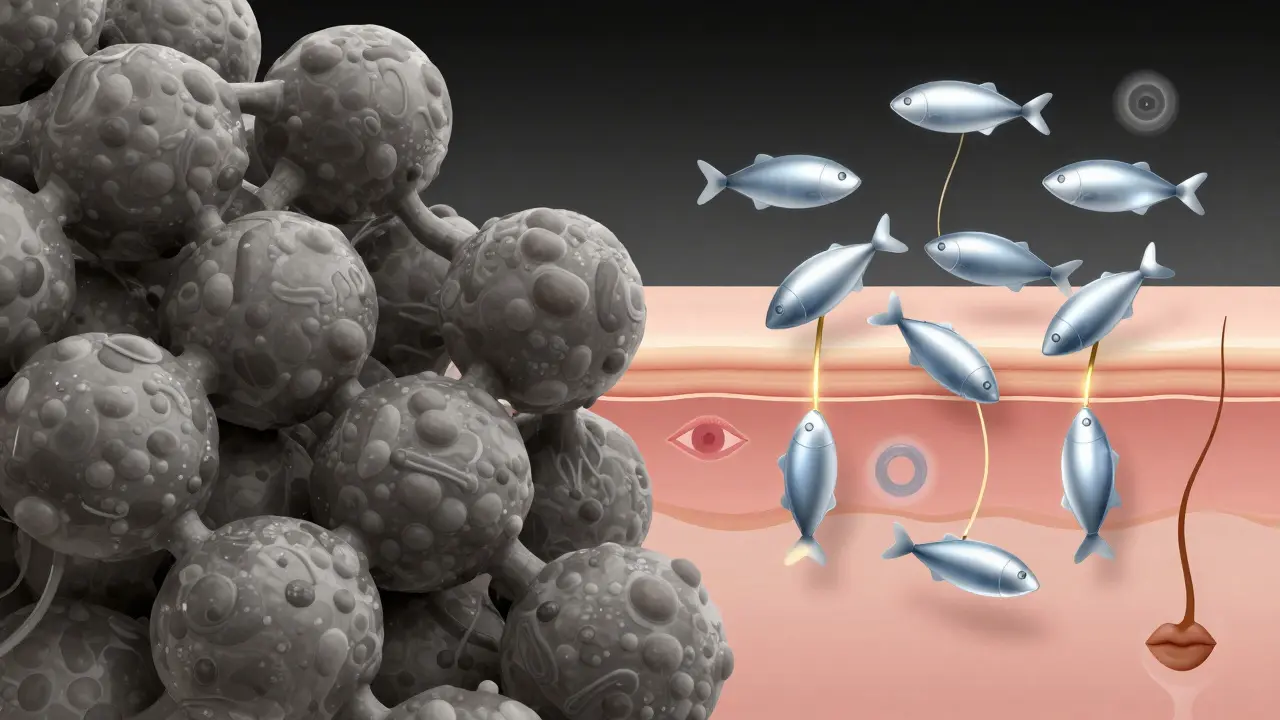 Porovnání molekul rybího a hovězího kolagenu s cestou do kůže