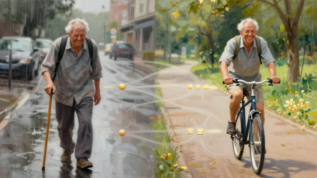 Před a po: starší pacient přecházející od bolesti k aktivnímu životu po injekci kolagenu.