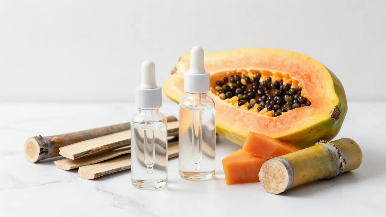 Přírodní ingredience jako papája vedle skleněných lahví sér.