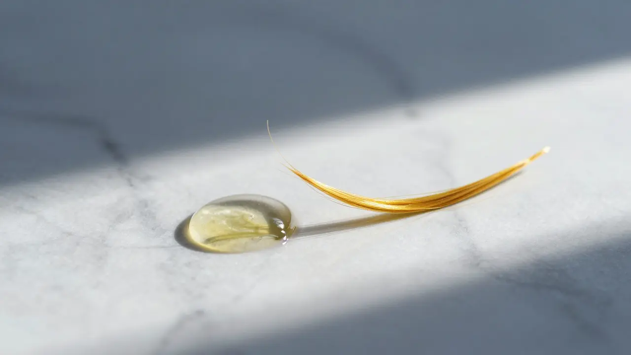 Přirozené ingredience jako olej a voda vedle zdravého pramene vlasů na mramoru.