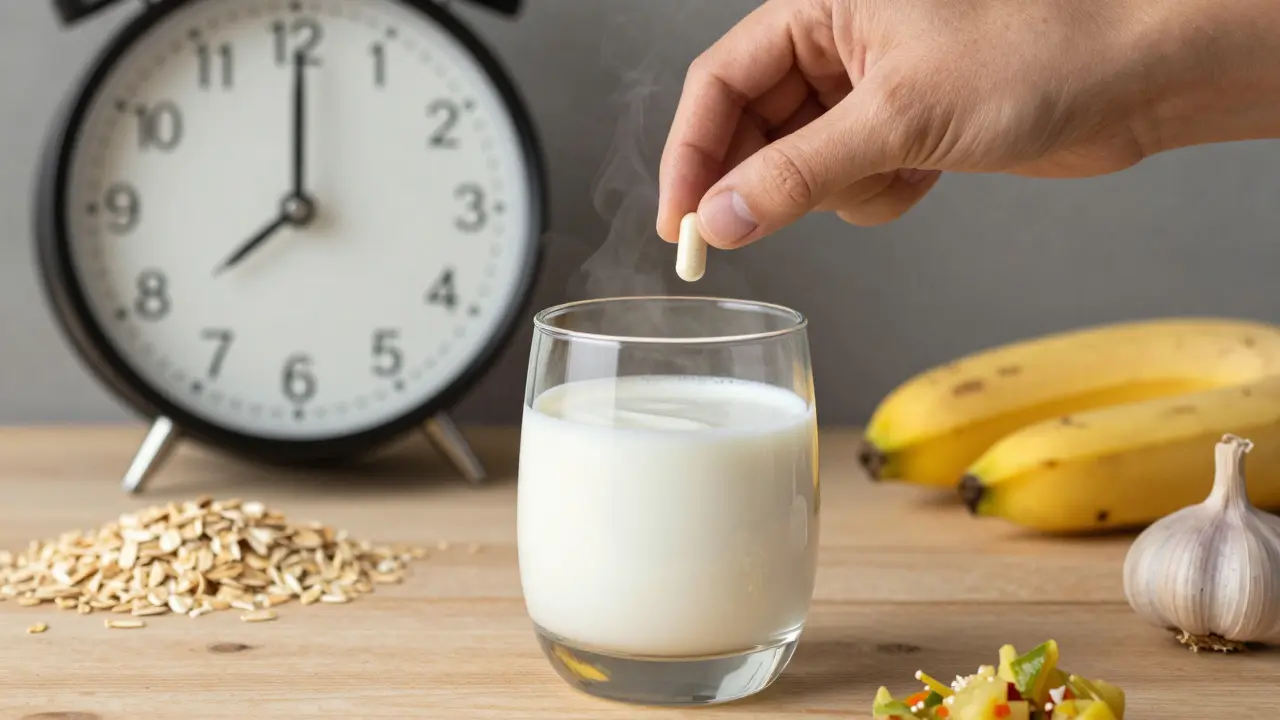 Probiotikum v kapse s fermentovanými potravinami a potravinami bohatými na vlákninu.