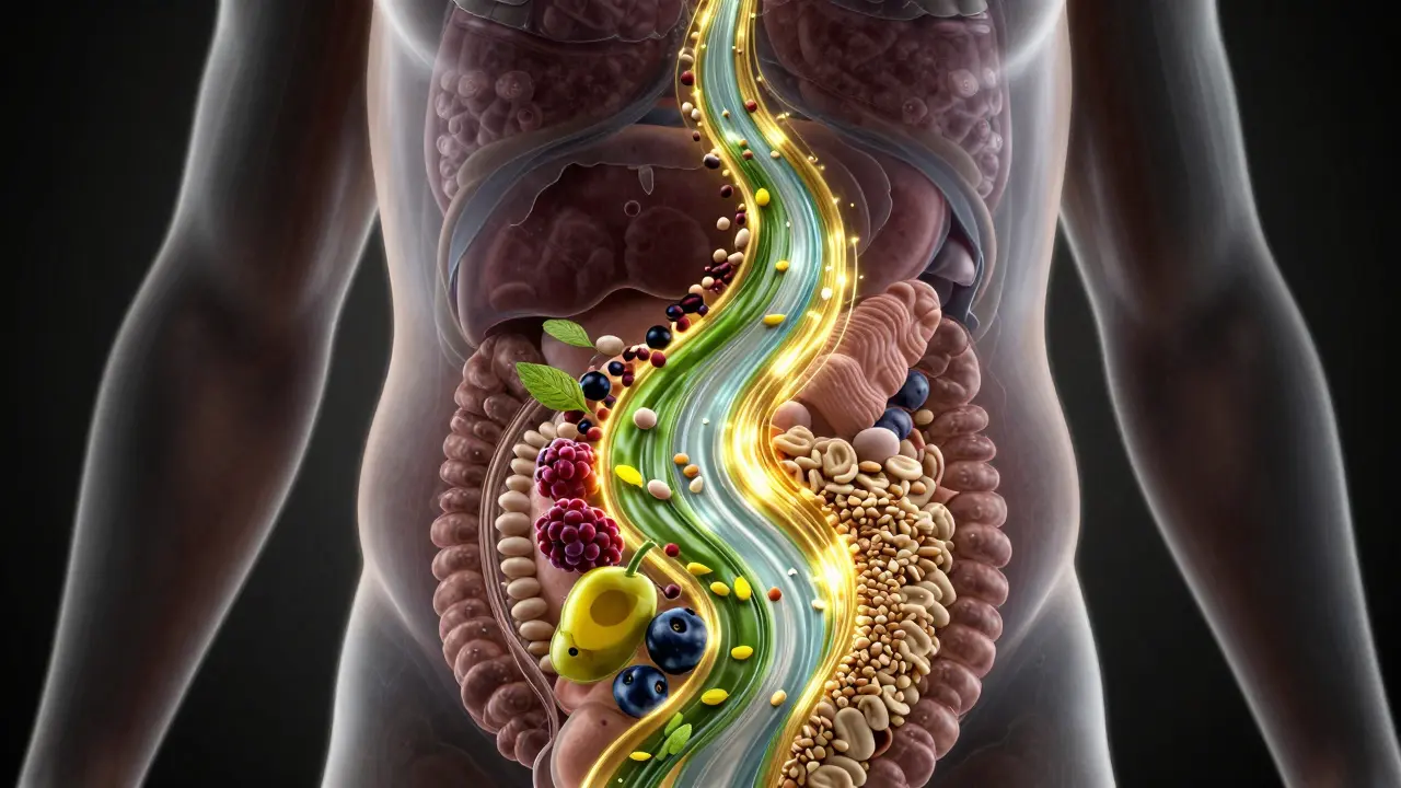 Průhledný břišní oblast s tukem kolem vnitřních orgánů, který přeměňuje světlé potraviny v čistou energii.