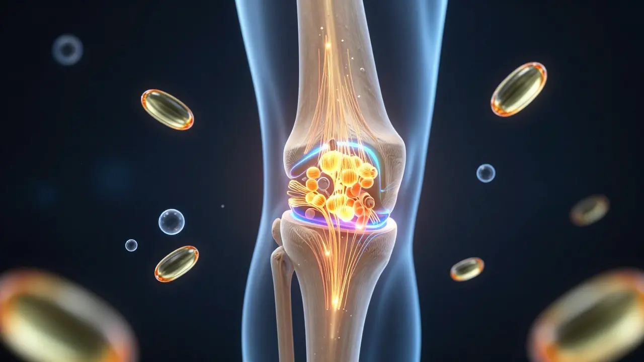 Průřez kolenního kloubu s obnovou chrupavky pomocí kolagenu a podpůrných látek.