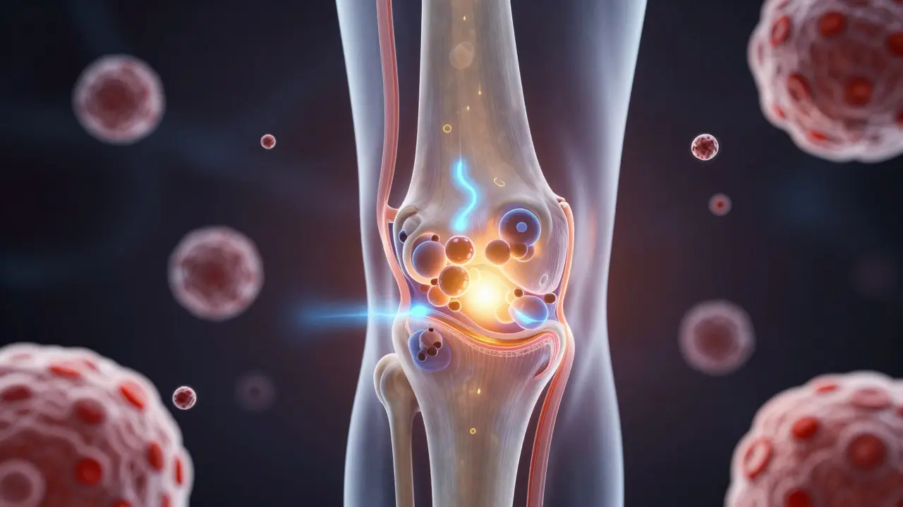 Průřez kolenního kloubu s regenerací chrupavky pomocí kolagenu a hyaluronové kyseliny.
