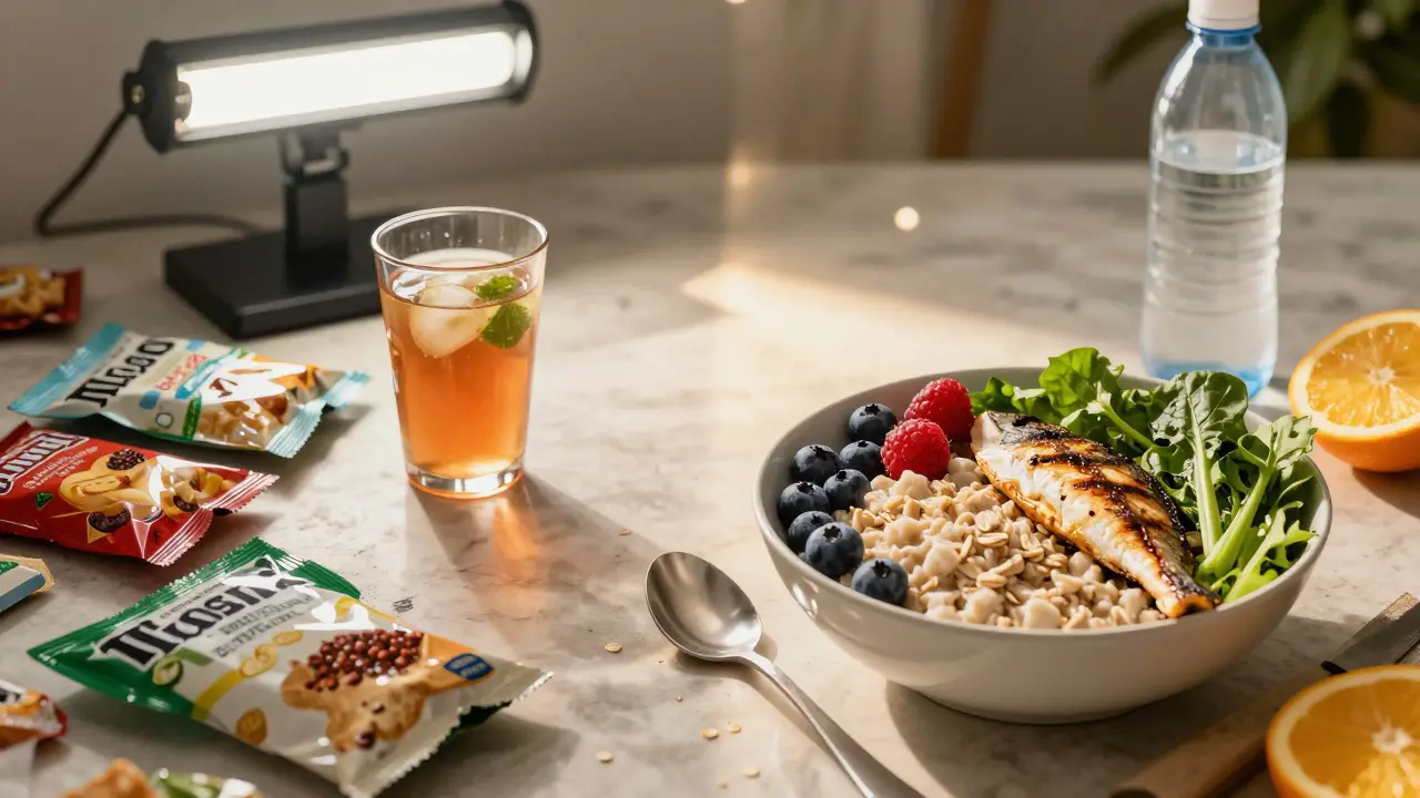 Rozdělený scénář: špatné jídlo vlevo a zdravá výživa vpravo.