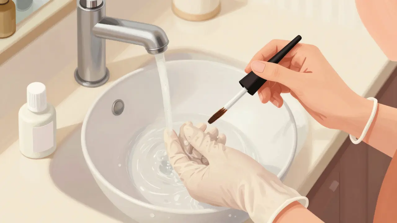 Ruce s rukavicemi a top coatem při denní péči o nehty